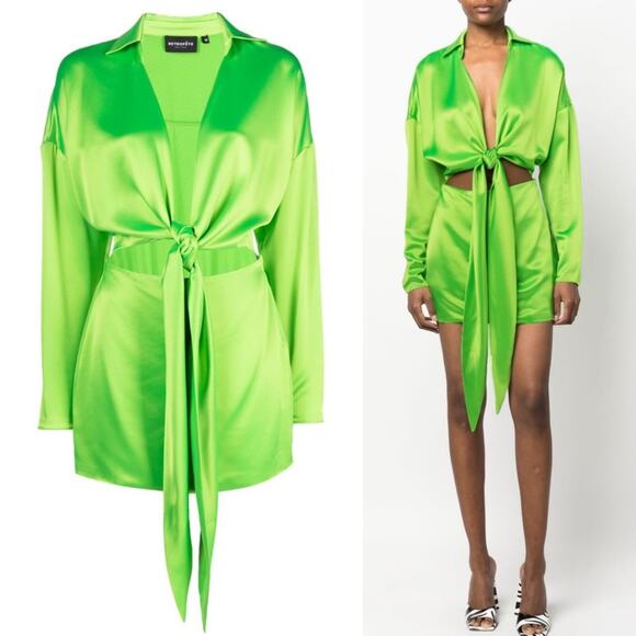 Retrofete Dresses & Skirts - RETROFETE Knot-Detail Cut-Out Shirtdress Lime Green Deep V-Neck Tie Front Sm NEW